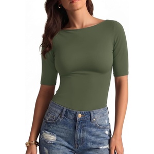 image:imageMANGOPOP Womens Half Sleeve Boat Neck Top Mid Elbow 34 Sleeve T Shirts Going Out Casual Trendy 2026Army Green