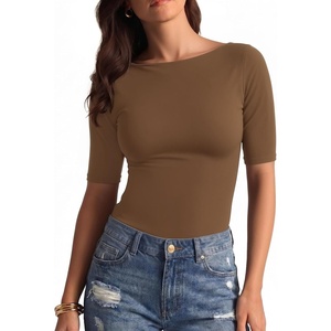 image:imageMANGOPOP Womens Half Sleeve Boat Neck Top Mid Elbow 34 Sleeve T Shirts Going Out Casual Trendy 2026Coffee