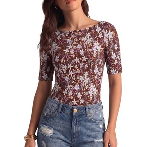 image:imageMANGOPOP Womens Half Sleeve Boat Neck Top Mid Elbow 34 Sleeve T Shirts Going Out Casual Trendy 2026Floral Print