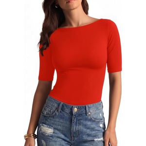 image:imageMANGOPOP Womens Half Sleeve Boat Neck Top Mid Elbow 34 Sleeve T Shirts Going Out Casual Trendy 2026Red