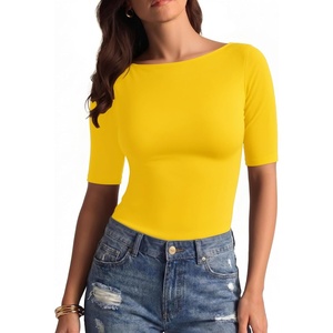 image:imageMANGOPOP Womens Half Sleeve Boat Neck Top Mid Elbow 34 Sleeve T Shirts Going Out Casual Trendy 2026Yellow