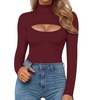 image:imageMANGOPOP Womens Mock Neck Cutout Front Bodysuit Long Sleeve Sleeveless TopBurgundy Fleece Lined