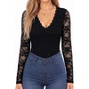 image:imageMANGOPOP Womens Sexy Lace Long Sleeve V Neck Bodysuit Fall TopsBlack