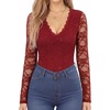 image:imageMANGOPOP Womens Sexy Lace Long Sleeve V Neck Bodysuit Fall TopsBurgundy