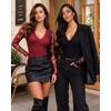 image:imageMANGOPOP Womens Sexy Lace Long Sleeve V Neck Bodysuit Fall TopsBurgundy