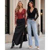image:imageMANGOPOP Womens Sexy Lace Long Sleeve V Neck Bodysuit Fall TopsBurgundy