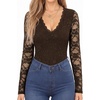 image:imageMANGOPOP Womens Sexy Lace Long Sleeve V Neck Bodysuit Fall TopsCoffee