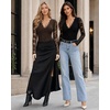 image:imageMANGOPOP Womens Sexy Lace Long Sleeve V Neck Bodysuit Fall TopsCoffee