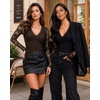 image:imageMANGOPOP Womens Sexy Lace Long Sleeve V Neck Bodysuit Fall TopsCoffee