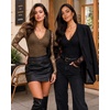 image:imageMANGOPOP Womens Sexy Lace Long Sleeve V Neck Bodysuit Fall TopsKhaki