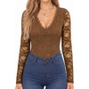 image:imageMANGOPOP Womens Sexy Lace Long Sleeve V Neck Bodysuit Fall TopsKhaki