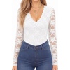 image:imageMANGOPOP Womens Sexy Lace Long Sleeve V Neck Bodysuit Fall TopsWhite