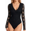 image:imageMANGOPOP Womens Sexy Lace Long Sleeve V Neck Bodysuit Fall TopsBlack