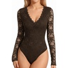 image:imageMANGOPOP Womens Sexy Lace Long Sleeve V Neck Bodysuit Fall TopsCoffee