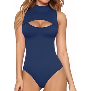 image:imageMANGOPOP Womens Mock Neck Cutout Front Bodysuit Long Sleeve Sleeveless Top04 Deep Blue Sleeveless