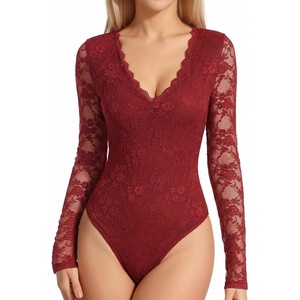 image:imageMANGOPOP Womens Sexy Lace Long Sleeve V Neck Bodysuit Fall TopsBurgundy