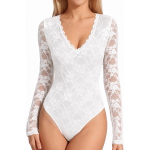 image:imageMANGOPOP Womens Sexy Lace Long Sleeve V Neck Bodysuit Fall TopsWhite