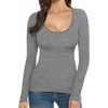 image:imageMANGOPOP Womens Scoop Neck Tops Long Sleeve Slim Fit T Shirt Basic TeeDark Heather Grey