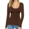 image:imageMANGOPOP Womens Scoop Neck Tops Long Sleeve Slim Fit T Shirt Basic TeeFleece Lined Coffee