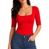 image:imageMANGOPOP Womens Half Sleeve Square Neck Top Mid Elbow 34 Sleeve T Shirts Going Out Casual Trendy 2026Red