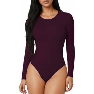 image:imageMANGOPOP Round Neck Bodysuits for Women Long Sleeve Short Sleeve TopsLong Sleeve Burgundy