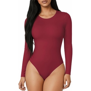 image:imageMANGOPOP Round Neck Bodysuits for Women Long Sleeve Short Sleeve TopsLong Sleeve Deep Red