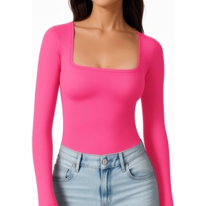 image:imageMANGOPOP Womens Square Neck Long Sleeve Shirts for Women Fitted Top Casual Basic Going Out TShirtRose Pink