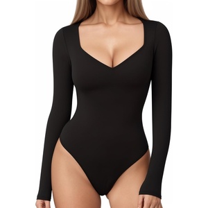 image:imageMANGOPOP Womens Sweetheart V Neck Short Long Sleeve Bodysuit Going Out TopB1 Long Sleeve Black