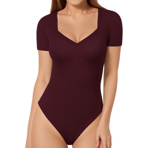 image:imageMANGOPOP Womens Sweetheart V Neck Short Long Sleeve Bodysuit Going Out TopD1 Short Sleeve Burgundy
