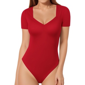 image:imageMANGOPOP Womens Sweetheart V Neck Short Long Sleeve Bodysuit Going Out TopD2 Short Sleeve Red