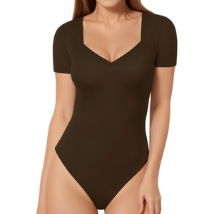 image:imageMANGOPOP Womens Sweetheart V Neck Short Long Sleeve Bodysuit Going Out TopD4 Short Sleeve Coffee