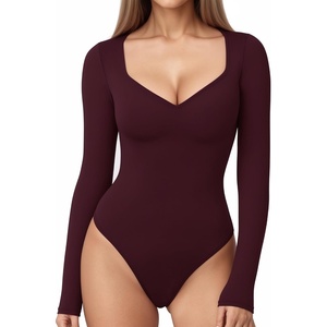 image:imageMANGOPOP Womens Sweetheart V Neck Short Long Sleeve Bodysuit Going Out TopE1 Long Sleeve Burgundy