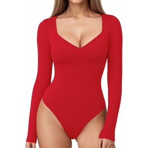 image:imageMANGOPOP Womens Sweetheart V Neck Short Long Sleeve Bodysuit Going Out TopE2 Long Sleeve Red