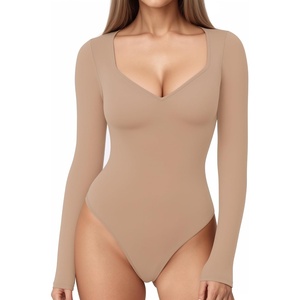 image:imageMANGOPOP Womens Sweetheart V Neck Short Long Sleeve Bodysuit Going Out TopE6 Long Sleeve Light Camel