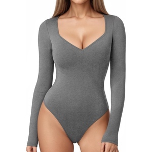 image:imageMANGOPOP Womens Sweetheart V Neck Short Long Sleeve Bodysuit Going Out TopE7 Long Sleeve Dark Heather Grey