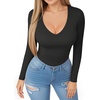 image:imageMANGOPOP Womens Long Sleeve Short Sleeve Sexy V Neck Bodysuits02fleece Lined Black