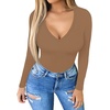 image:imageMANGOPOP Womens Long Sleeve Short Sleeve Sexy V Neck Bodysuits04long Sleeve Tan