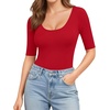 image:imageMANGOPOP Womens Scoop Neck Half Sleeve Bodysuit 34 Sleeve TopsRed