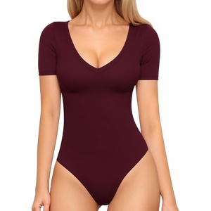 image:imageMANGOPOP Womens Long Sleeve Short Sleeve Sexy V Neck Bodysuits06short Sleeve Burgundy