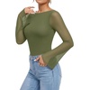 image:imageMANGOPOP Boat Neck Sheer Long Bell Sleeve Shirts for Women Double Lined TopArmy Green