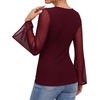 image:imageMANGOPOP Boat Neck Sheer Long Bell Sleeve Shirts for Women Double Lined TopBurgundy