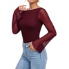 image:imageMANGOPOP Boat Neck Sheer Long Bell Sleeve Shirts for Women Double Lined TopBurgundy