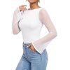 image:imageMANGOPOP Boat Neck Sheer Long Bell Sleeve Shirts for Women Double Lined TopCreamy White