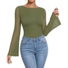 image:imageMANGOPOP Boat Neck Sheer Long Bell Sleeve Shirts for Women Double Lined TopArmy Green