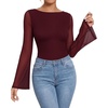 image:imageMANGOPOP Boat Neck Sheer Long Bell Sleeve Shirts for Women Double Lined TopBurgundy