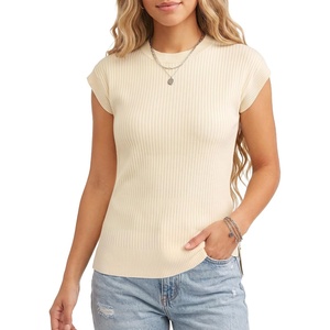 image:imageMANGOPOP Womens Cap Sleeve Sweater Vest Ribbed Knit TopApricot