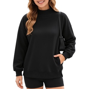image:imageMANGOPOP Womens Mock Neck Oversized Sweatshirt Side PocketsBlack