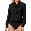 image:imageMANGOPOP Womens Bow Tie Neck Long Sleeve Bodysuit Button Down Blouse Shirt01 Black