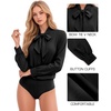 image:imageMANGOPOP Womens Bow Tie Neck Long Sleeve Bodysuit Button Down Blouse Shirt01 Black