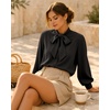 image:imageMANGOPOP Womens Bow Tie Neck Long Sleeve Bodysuit Button Down Blouse Shirt01 Black